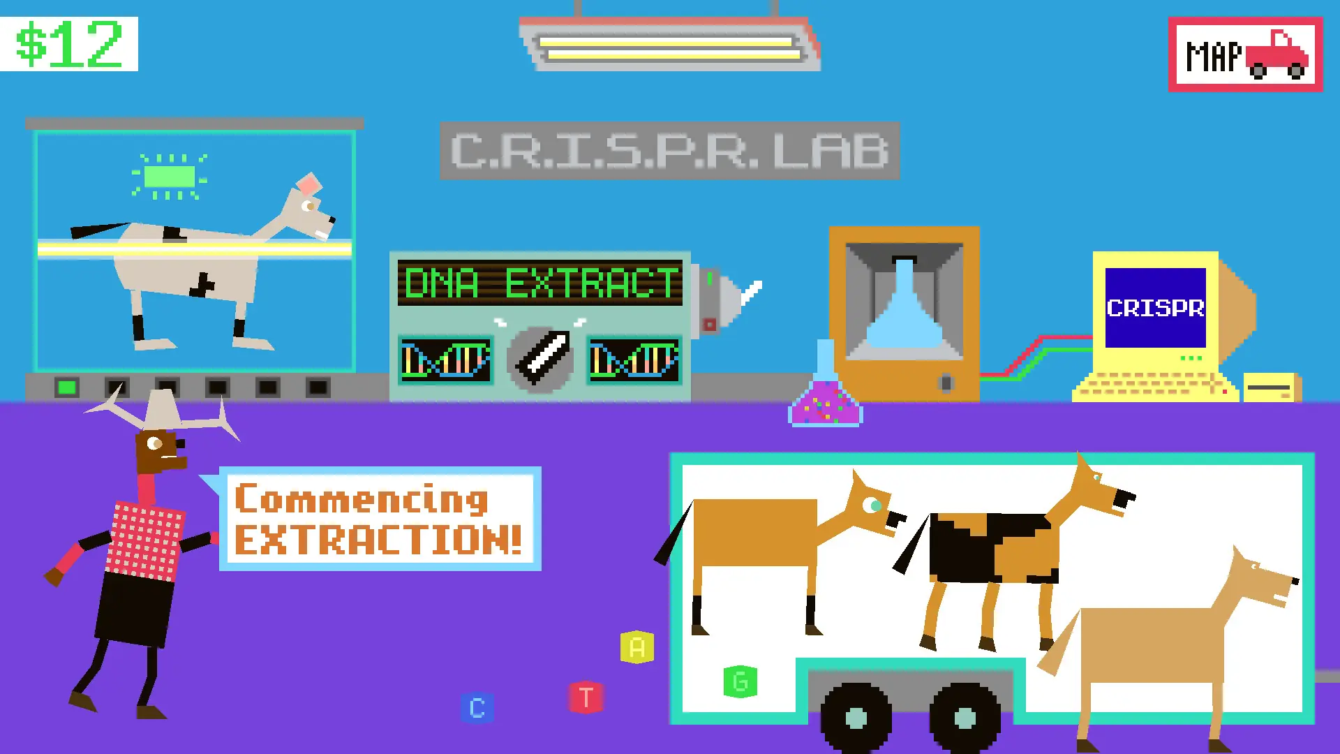 Horsey Game zoo and shop scene — pixel art smoothie stand and visitors